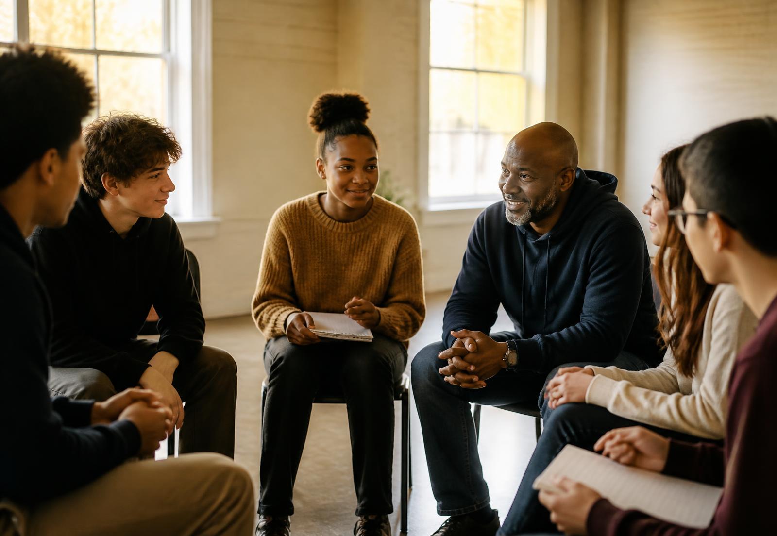 Young adults and a mentor working together in a bright community room